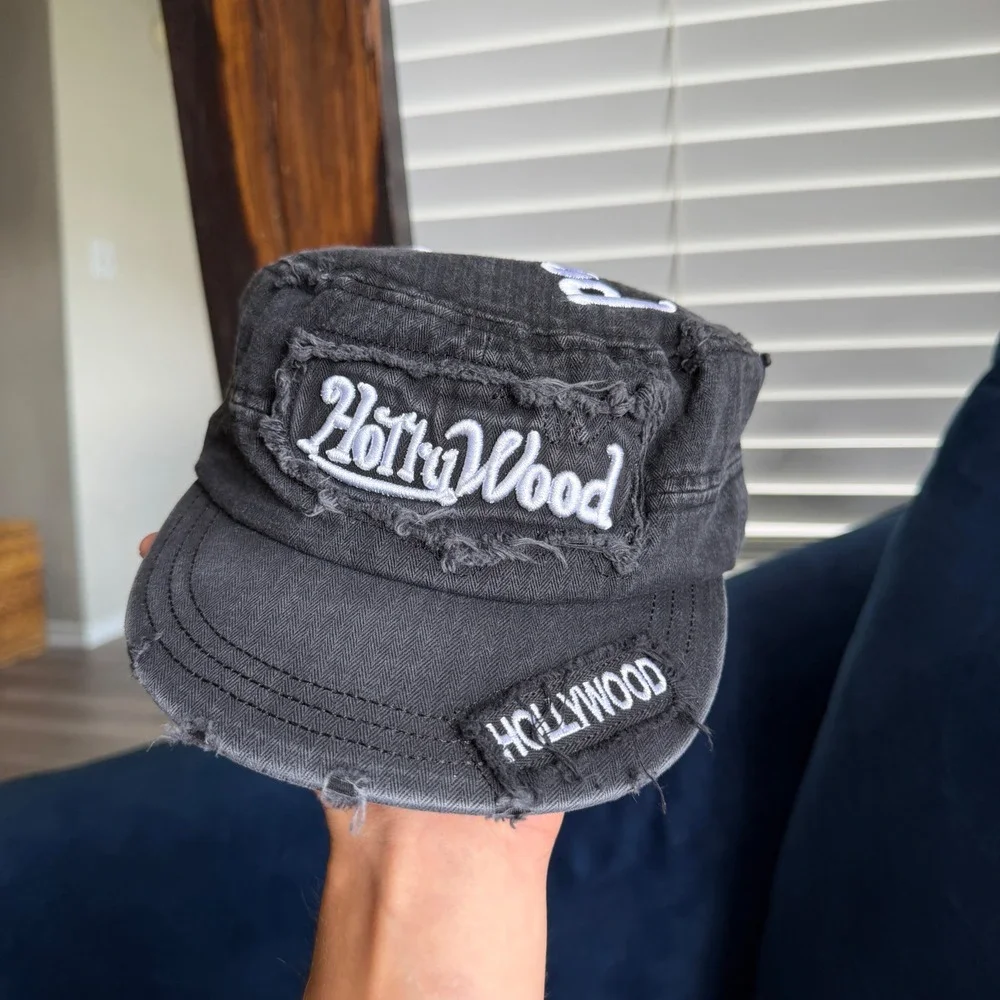 Vintage Y2K Hollywood Distressed Cadet Hat One Size Black Cap Grunge Alternative